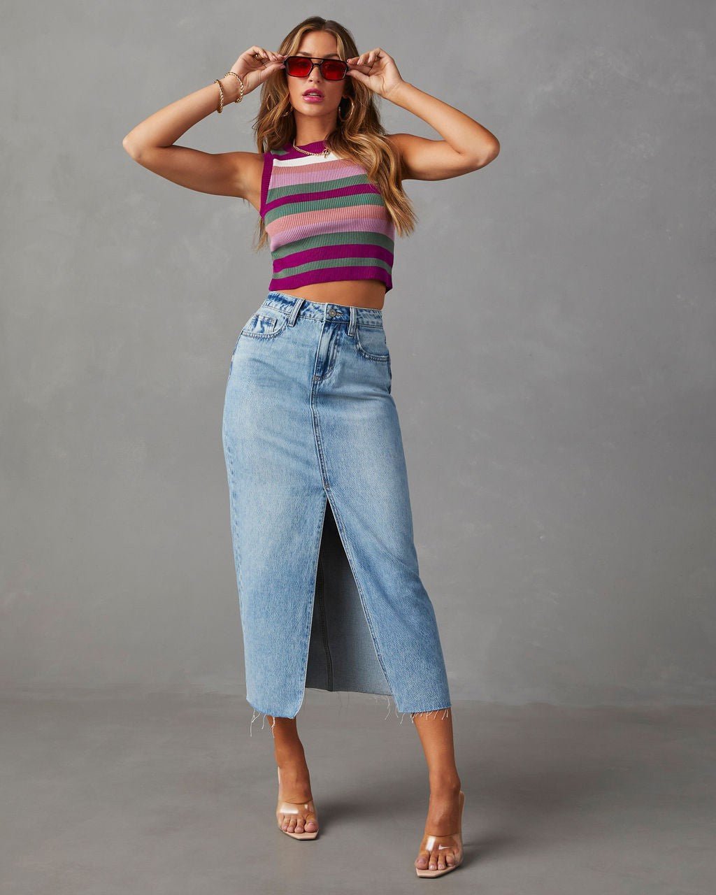 High Waist Denim Midi-Rock