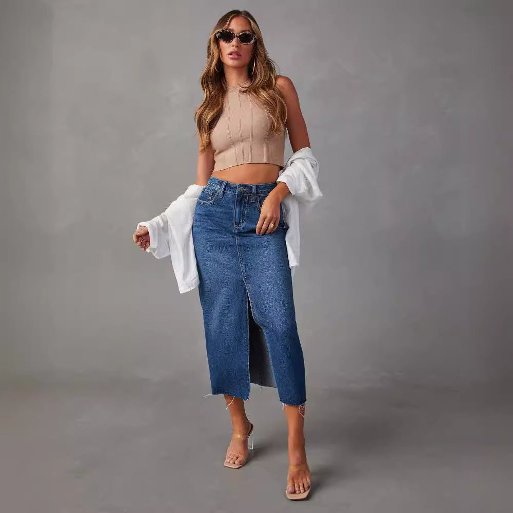 High Waist Denim Midi-Rock