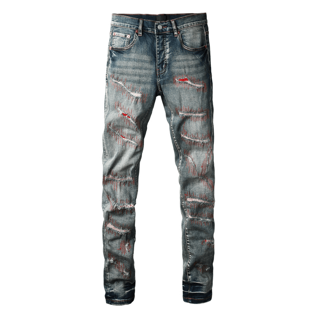 Purple Red Distressed Patch Jeans