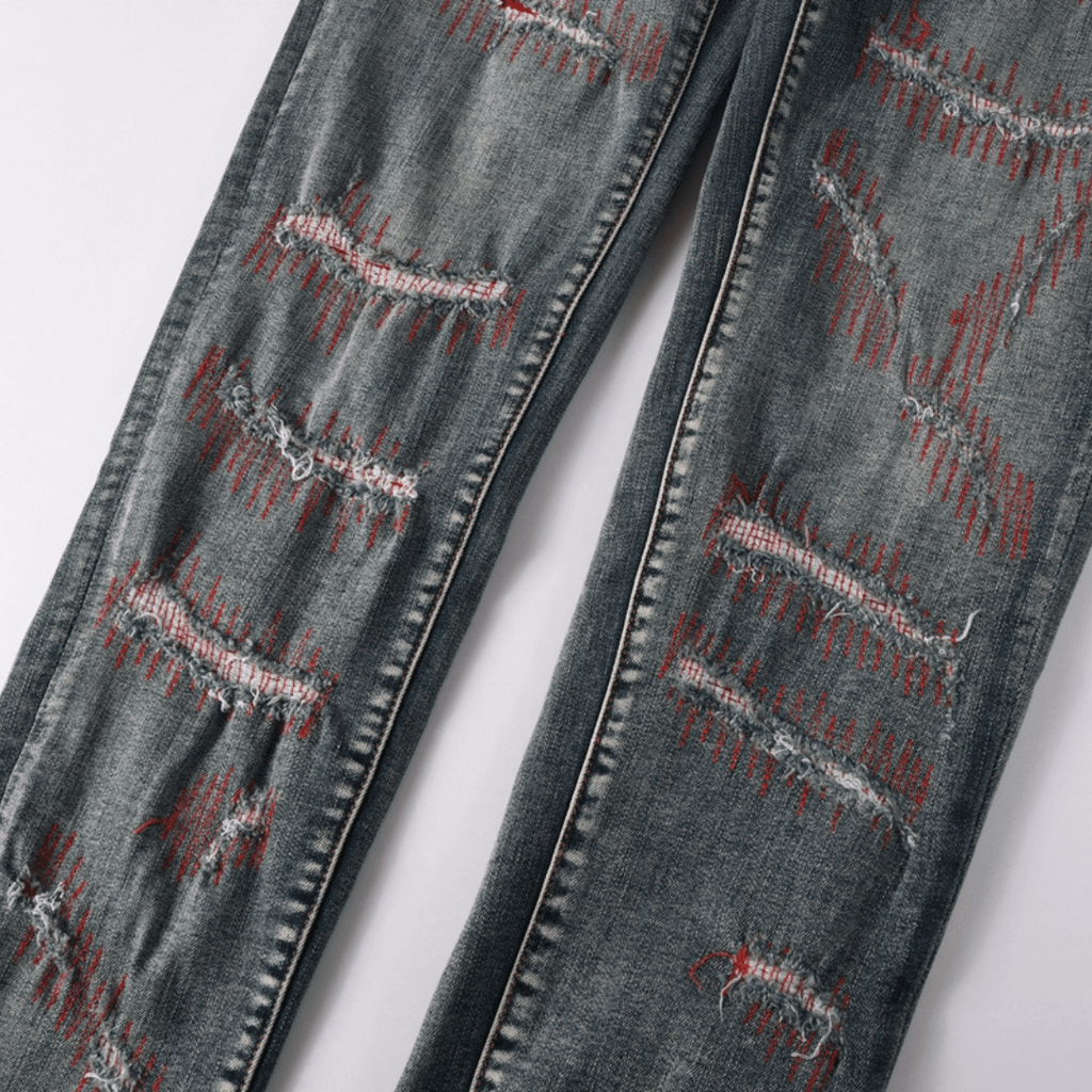 Purple Red Distressed Patch Jeans