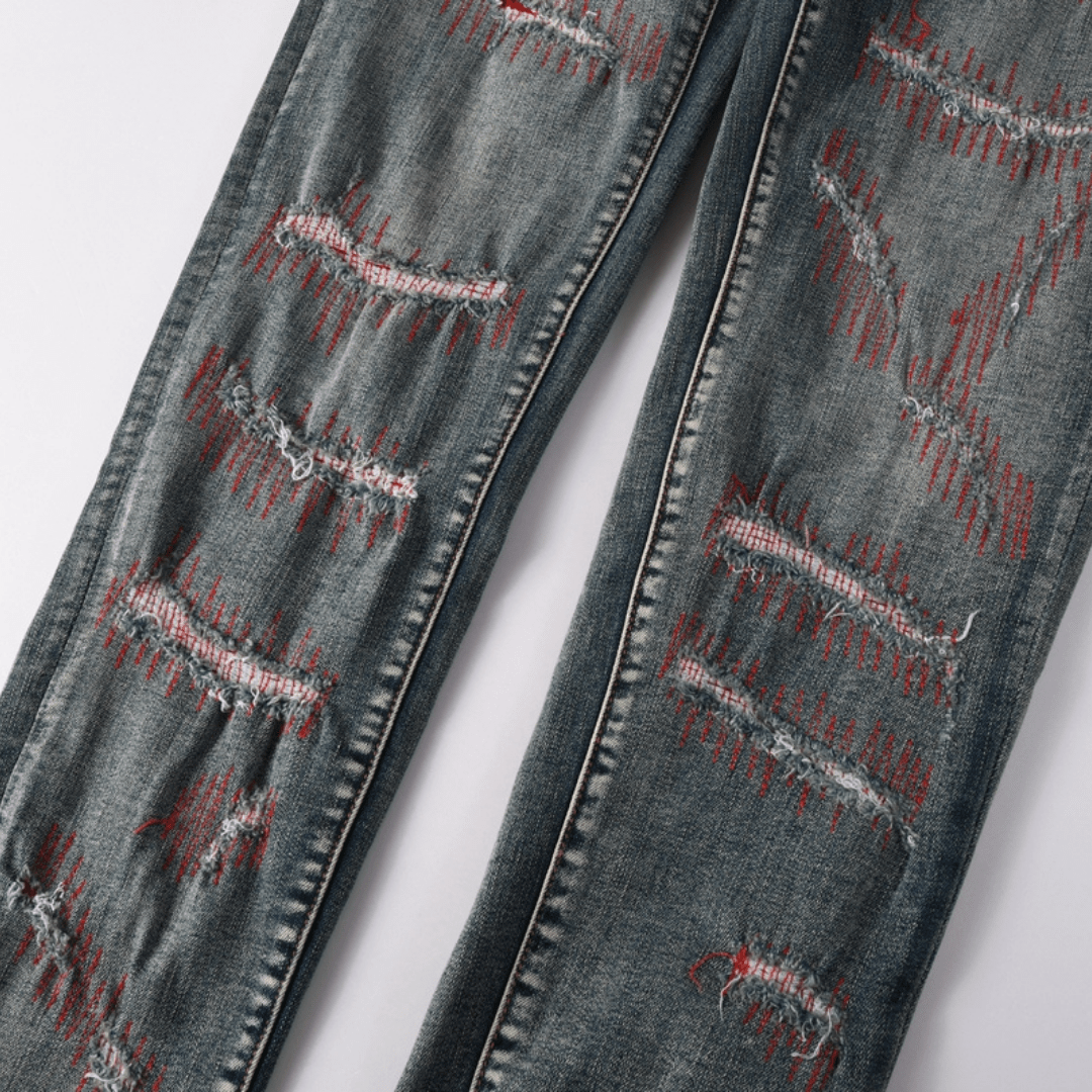 Purple Red Distressed Patch Jeans