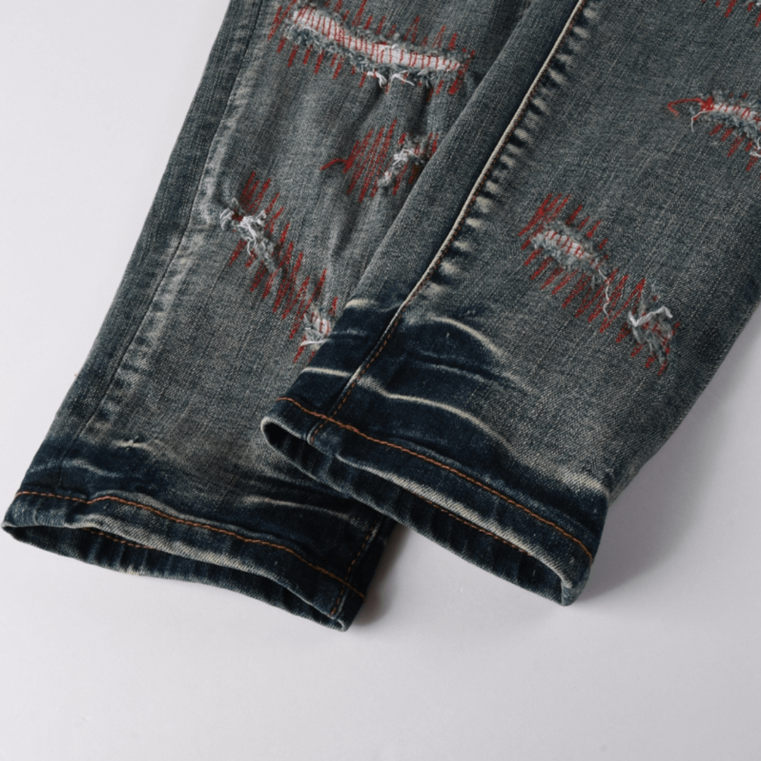 Purple Red Distressed Patch Jeans
